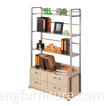 Modern Home Furniture Wrought Iron Frame Wooden Bookshelf With Drawers